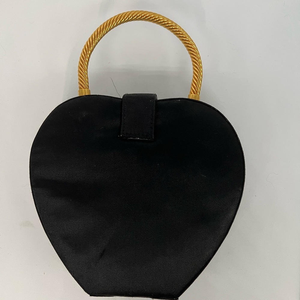 Vintage Sasha Black Satin Heart-Shaped Evening Bag w Gold Handle Rhinestone - Picture 5 of 6